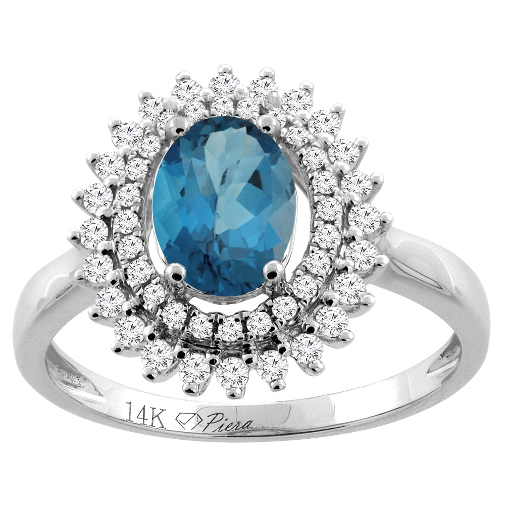14K Gold Natural London Blue Topaz Ring Oval 8x6 mm Double Halo Diamond Accents, sizes 5 - 10