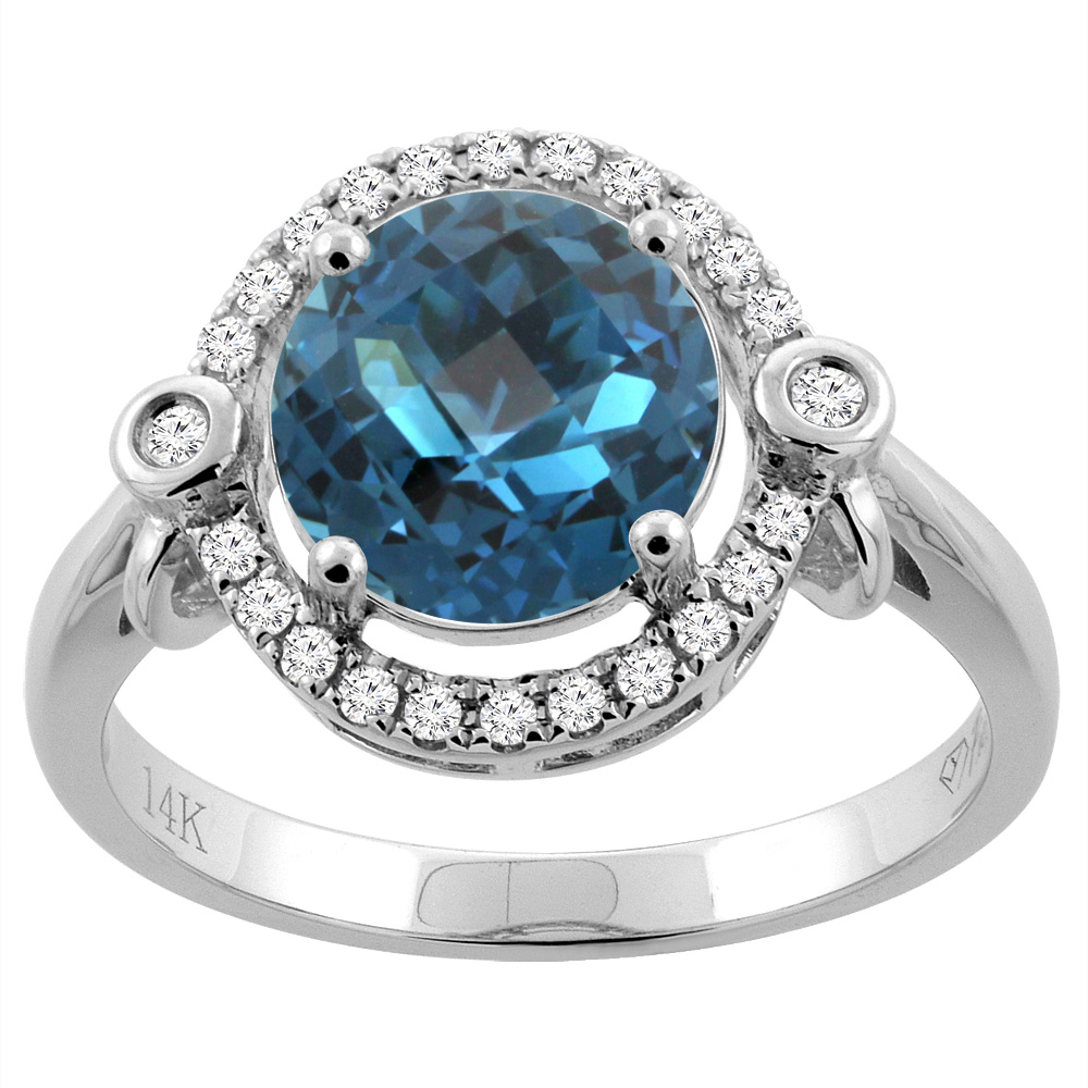 14K White Gold Diamond Natural London Blue Topaz Engagement Ring Oval 10x8mm, sizes 5-10