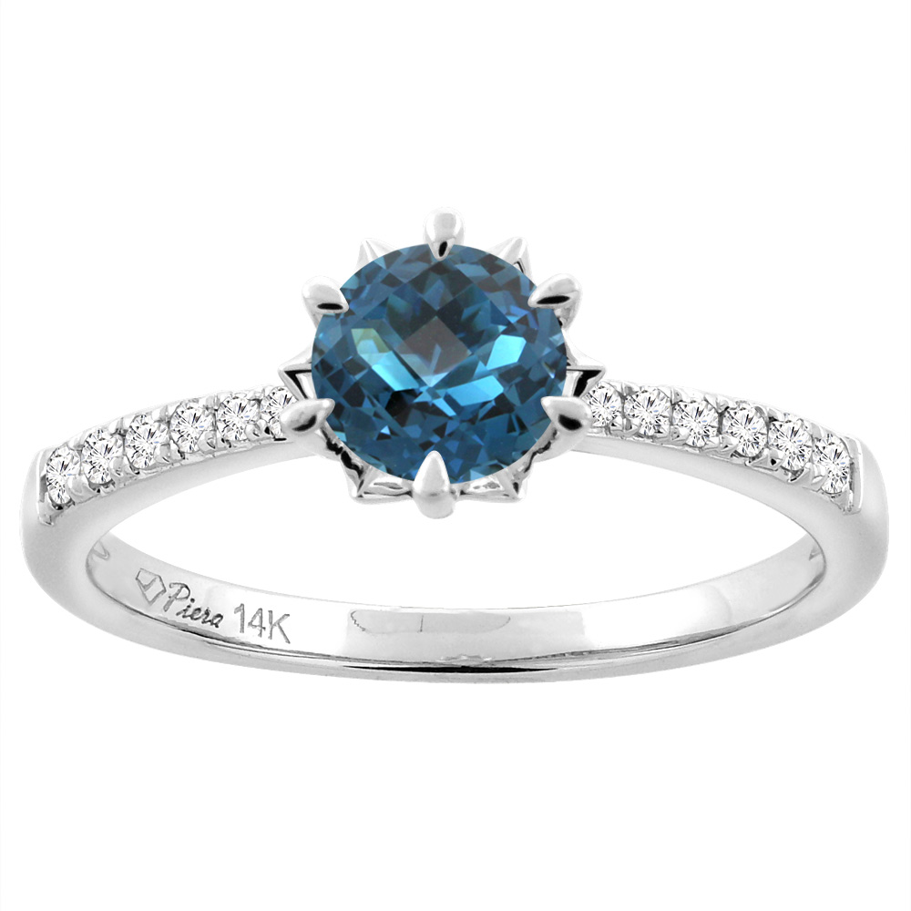 14K White Gold Natural London Blue Topaz Engagement Ring Round 6 mm & Diamond Accents, sizes 5 - 10