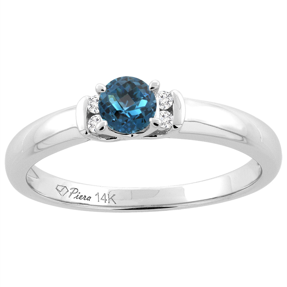 14K White Gold Natural London Blue Topaz Engagement Ring Round 4 mm &amp; Diamond Accents, sizes 5 - 10