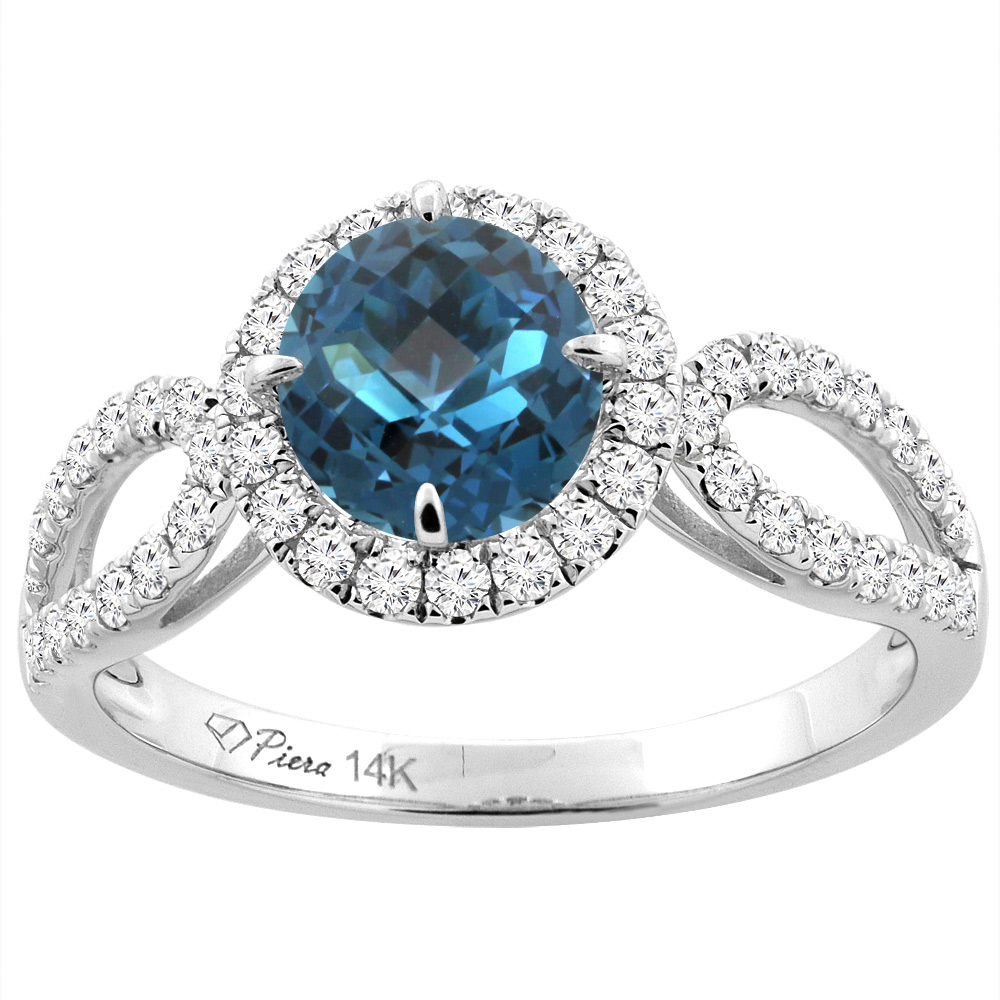 14K White Gold Natural London Blue Topaz Engagement Halo Ring Round 6 mm &amp; Diamond Accents, sizes 5 - 10