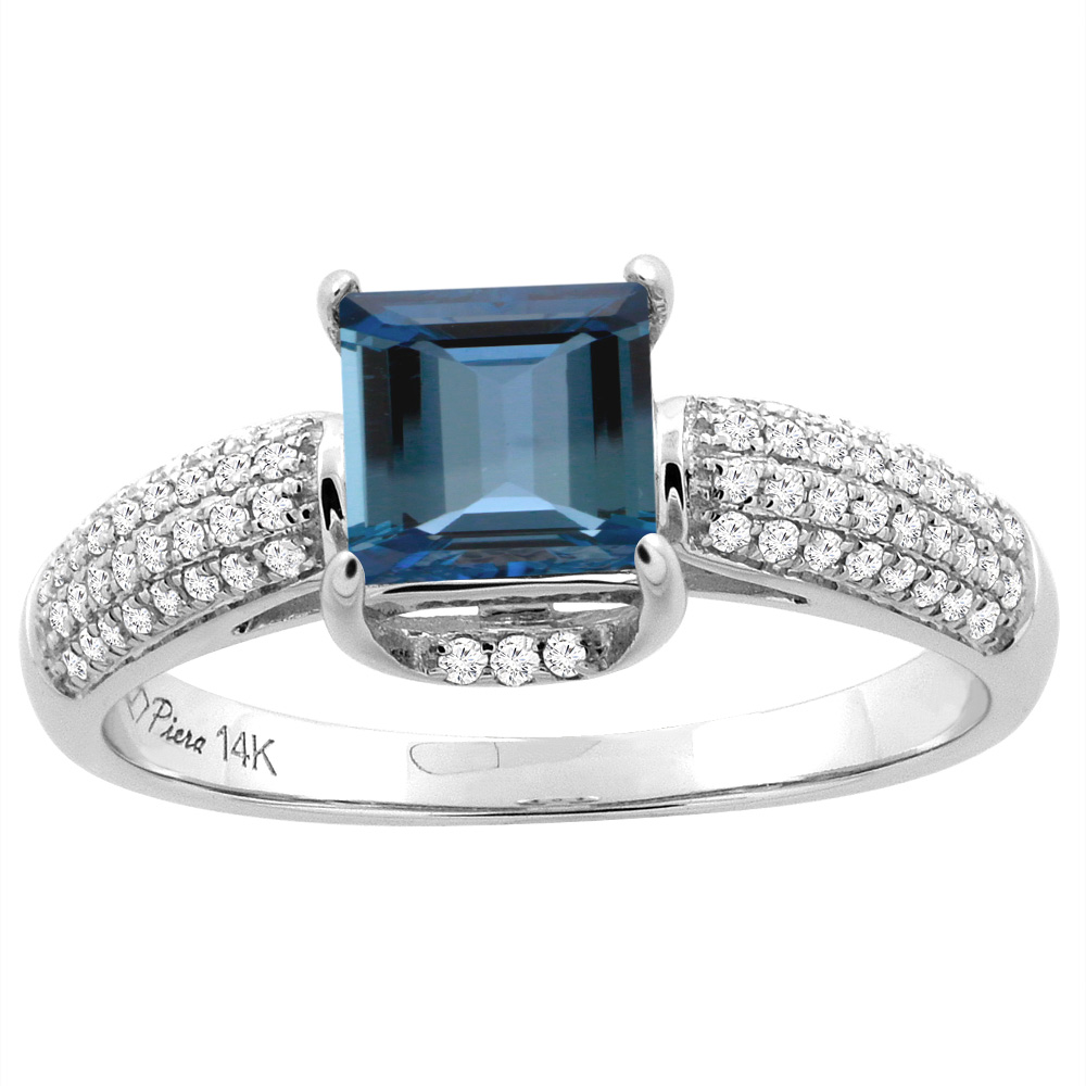 14K White Gold Natural London Blue Topaz Engagement Ring Square 6 mm &amp; Diamond Accents, sizes 5 - 10