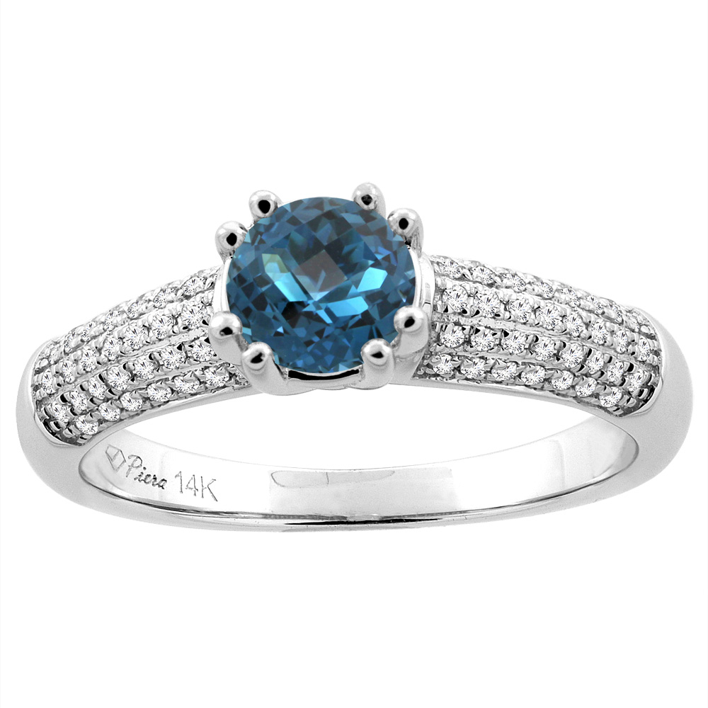 14K White Gold Natural London Blue Topaz Engagement Ring Round 6 mm &amp; Diamond Accents, sizes 5 - 10