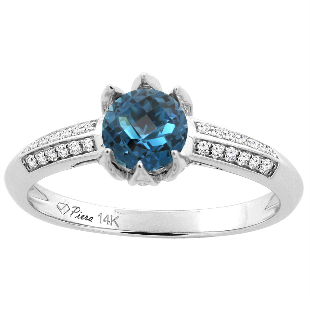 14K White Gold Natural London Blue Topaz Engagement Ring Round 6 mm & Diamond Accents, sizes 5 - 10