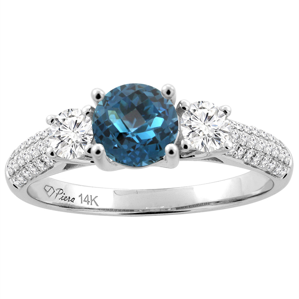 14K White Gold Natural London Blue Topaz Engagement Ring Round 6 mm &amp; Diamond Accents, sizes 5 - 10