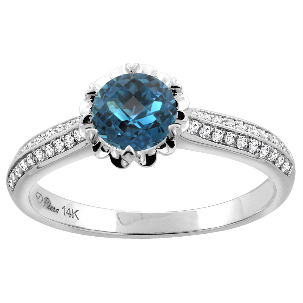 14K White Gold Natural London Blue Topaz Engagement Ring Round 6 mm &amp; Diamond Accents, sizes 5 - 10