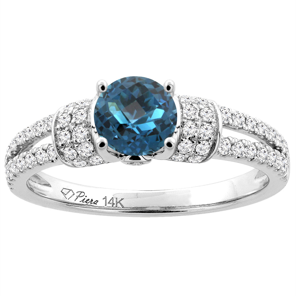 14K White Gold Natural London Blue Topaz Engagement Ring Round 6 mm &amp; Diamond Accents, sizes 5 - 10