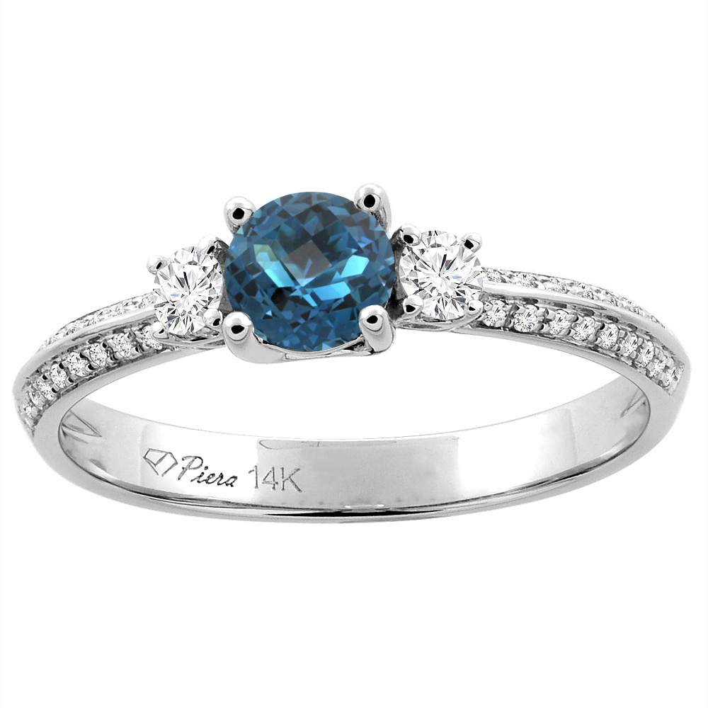 14K White Gold Natural London Blue Topaz Engagement Ring Round 5 mm & Diamond Accents, sizes 5 - 10