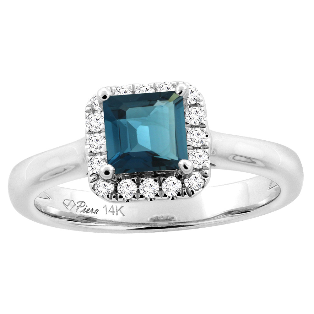 14K White Gold Natural London Blue Topaz Halo Engagement Ring Square 5 mm &amp; Diamond Accents, sizes 5 - 10