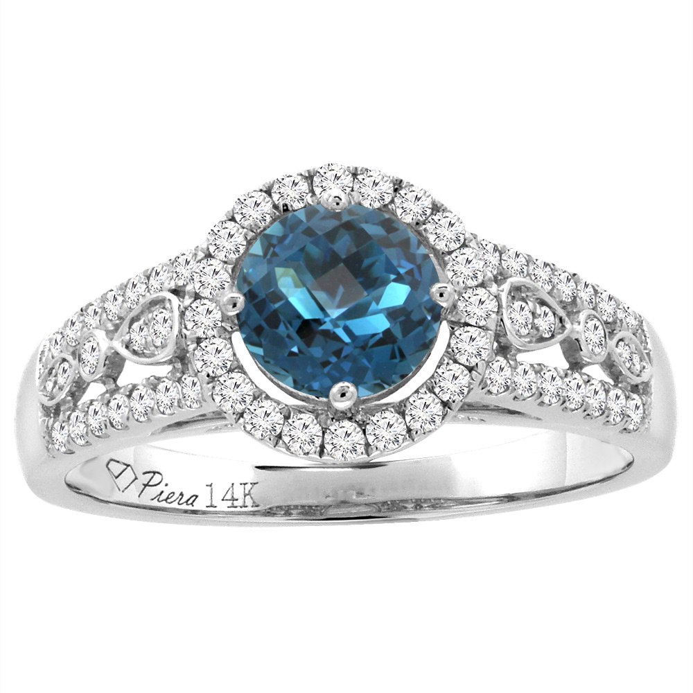 14K White Gold Diamond Natural London Blue Topaz Engagement Halo Ring Round 7 mm, sizes 5-10