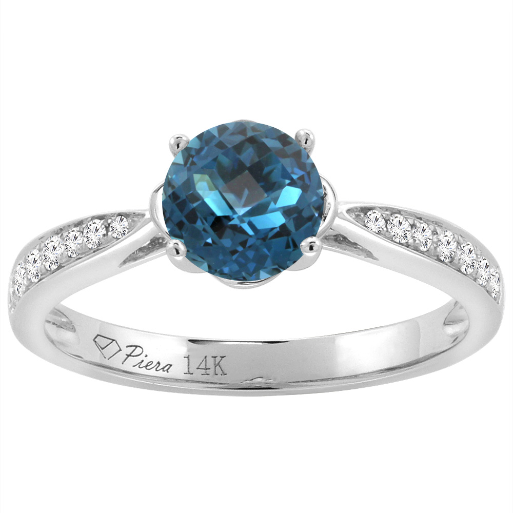 14K White Gold Diamond Natural London Blue Topaz Engagement Ring Round 7 mm, sizes 5-10