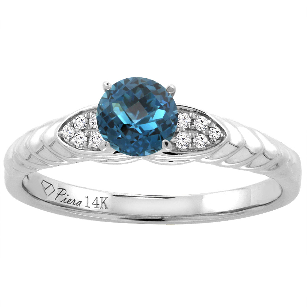 14K White Gold Diamond Natural London Blue Topaz Engagement Ring Round 5 mm, sizes 5-10