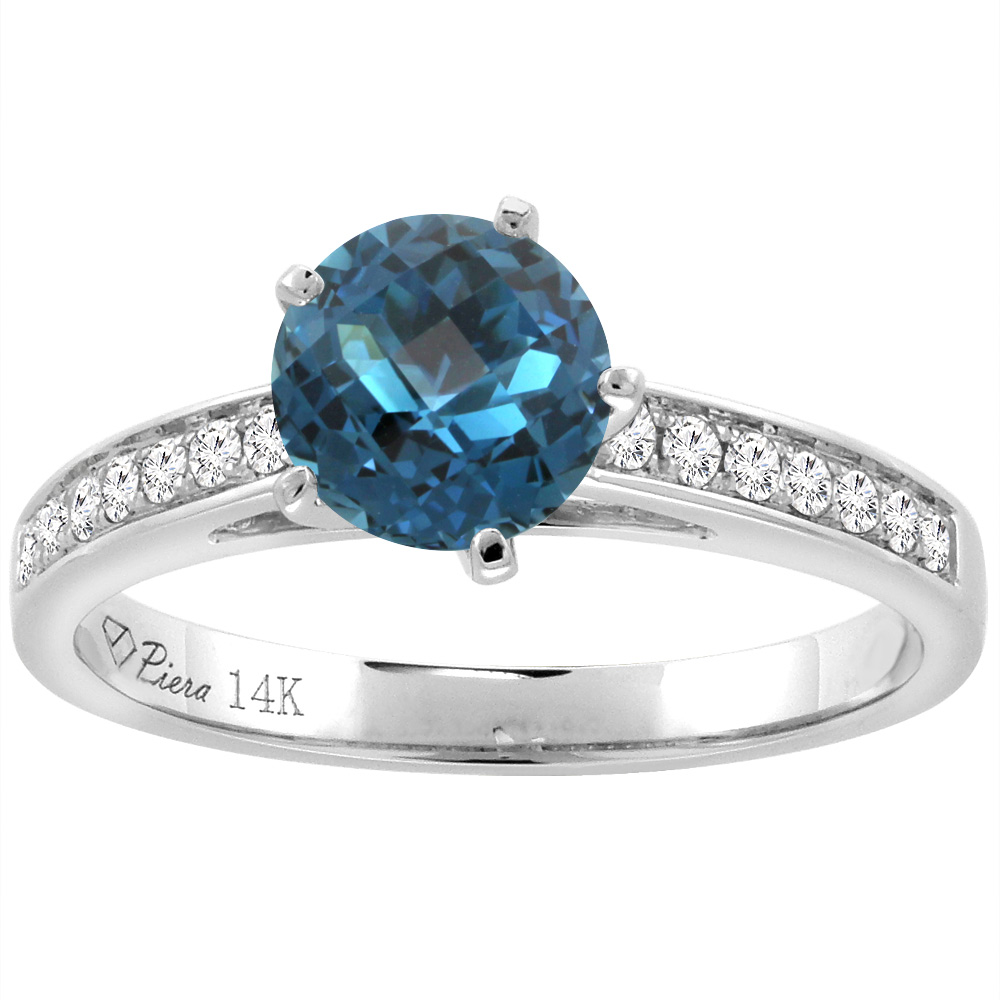 14K White Gold Diamond Natural London Blue Topaz Engagement Ring Round 7 mm, sizes 5-10