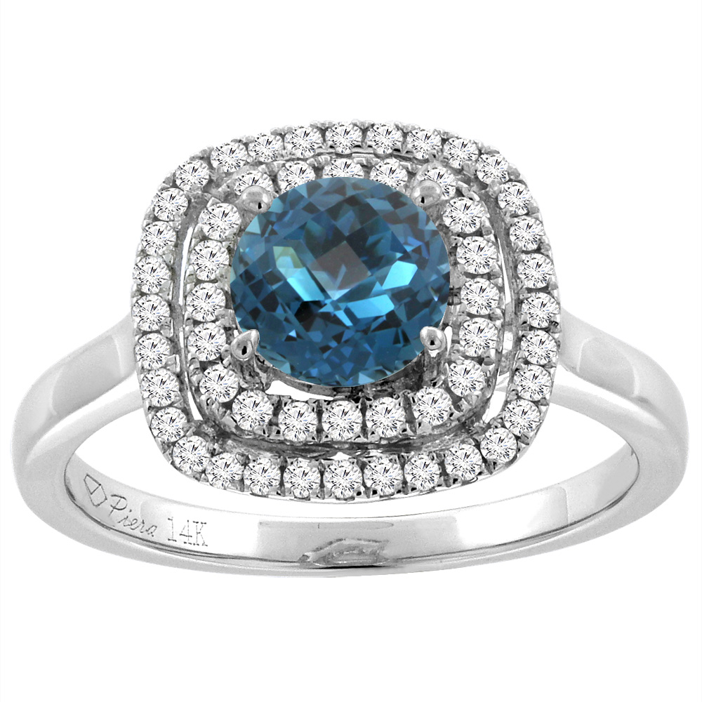 14K White Gold Natural London Blue Topaz Double Halo Diamond Engagement Ring Round 7 mm, sizes 5-10
