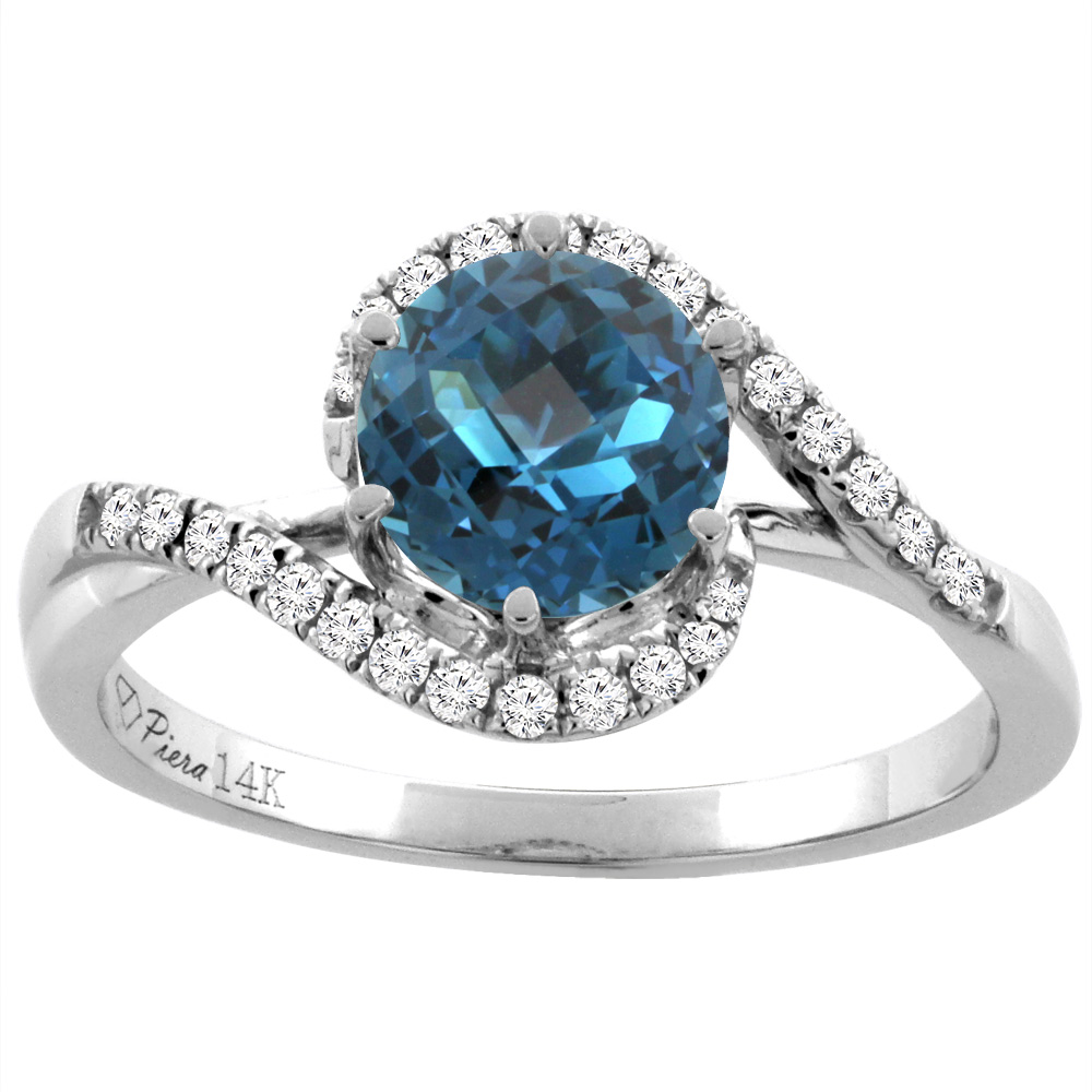 14K White Gold Diamond Natural London Blue Topaz Bypass Engagement Ring Round 7 mm, sizes 5-10