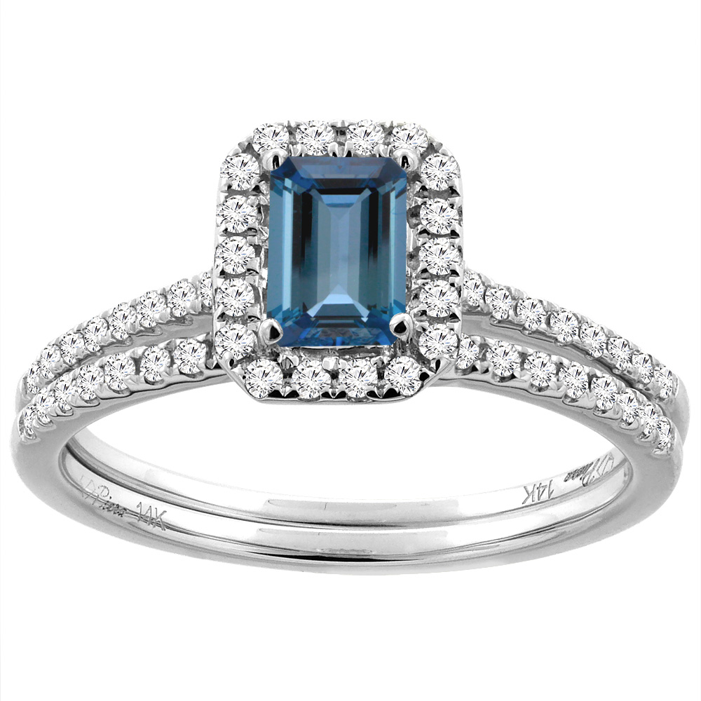 14K White/Yellow Gold Diamond Natural London Blue Topaz 2pc Engagement Ring Set Octagon 7x5 mm, sizes 5 -10