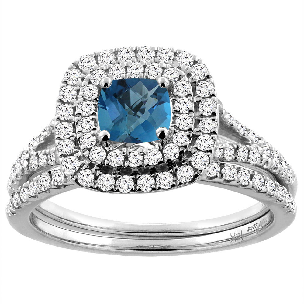14K White Gold Diamond Halo Natural London Blue Topaz 2pc Engagement Ring Set Cushion 6x6mm,size5-10