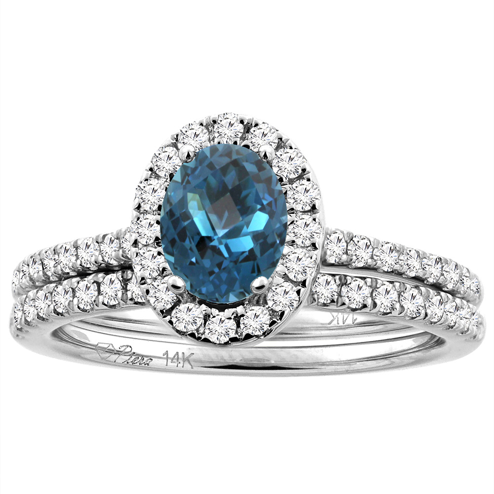 14K White/Yellow Gold Diamond Halo Natural London Blue Topaz 2pc Engagement Ring Set Oval 7x5 mm,sizes 5-10