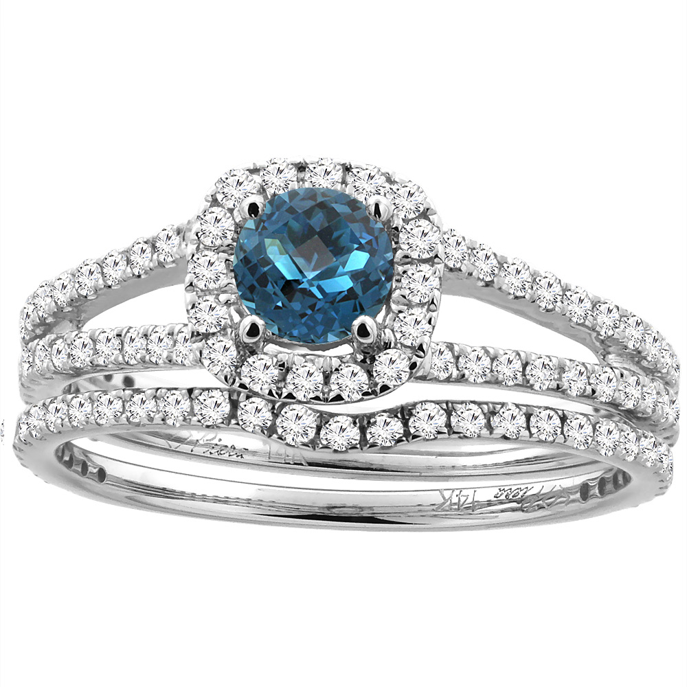 14K White Gold Diamond Halo Natural London Blue Topaz 2pc Engagement Ring Set Round 5 mm, sizes 5-10