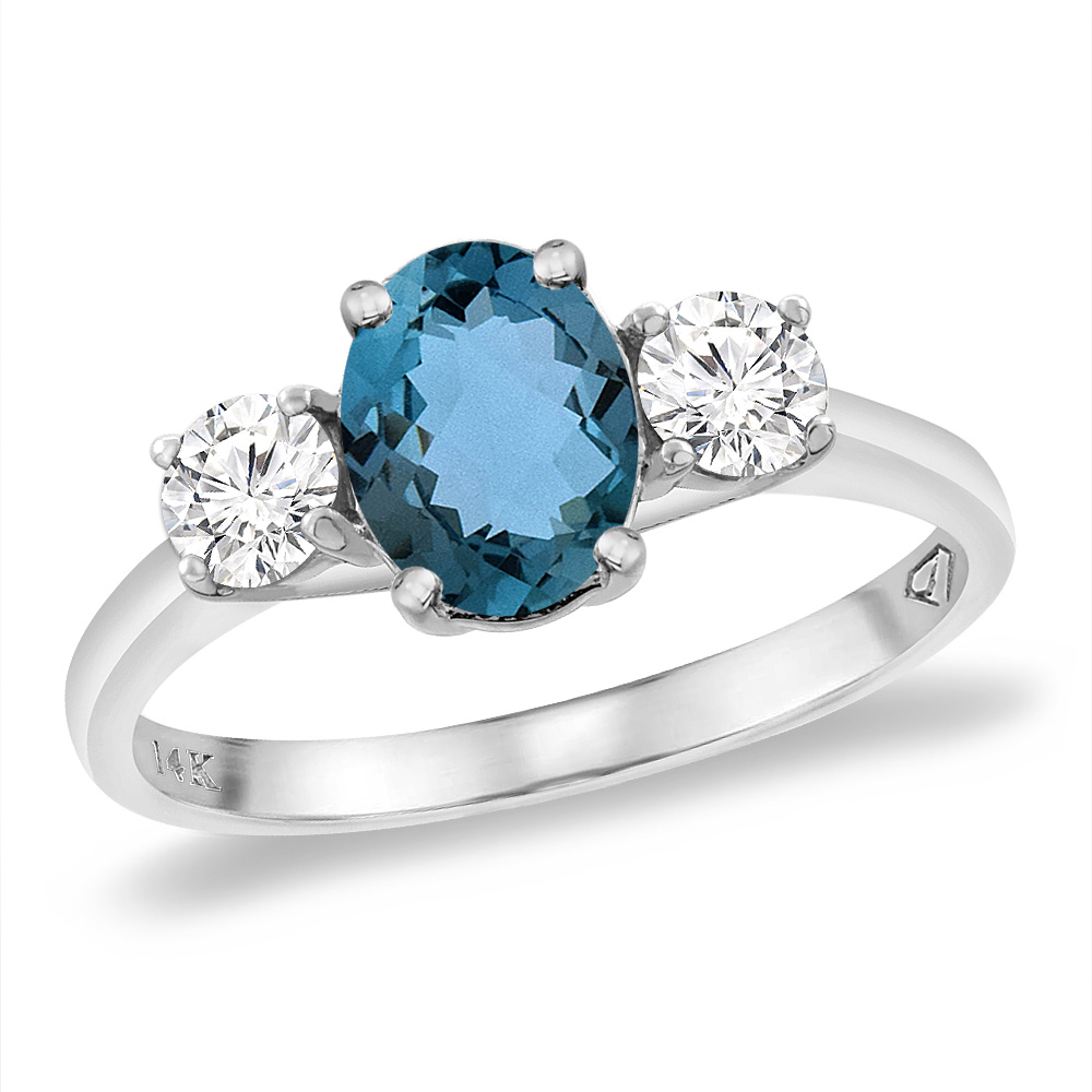 14K White Gold Natural London Blue Topaz & 2pc. Diamond Engagement Ring Oval 8x6 mm, sizes 5 -10