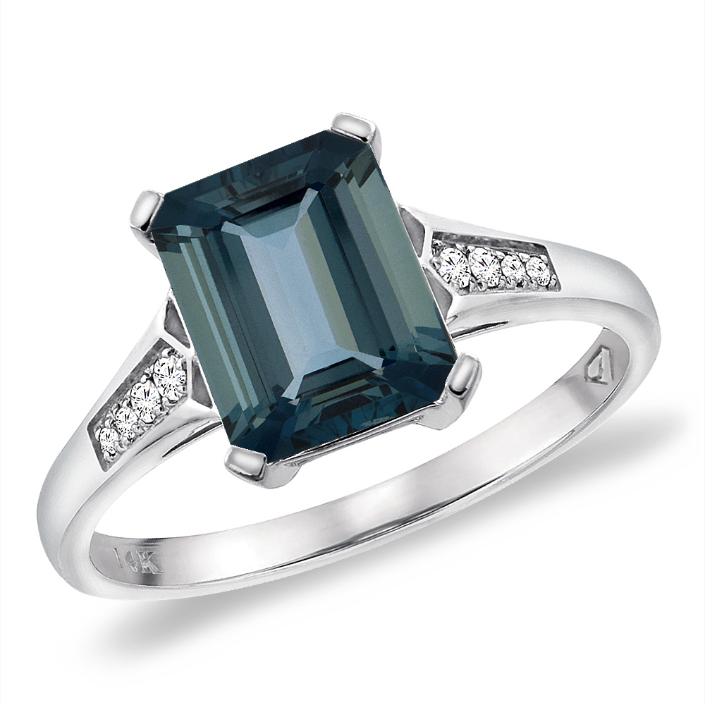 14K White Gold Natural London Blue Topaz Ring 9x7 mm Octagon with Diamond Accent, sizes 5 -10