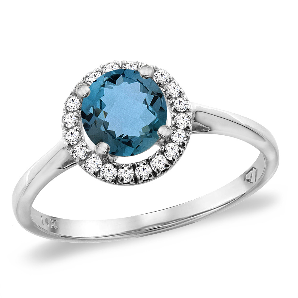 14K White Gold Diamond Halo Natural London Blue Topaz Engagement Ring Round 6 mm, sizes 5 -10