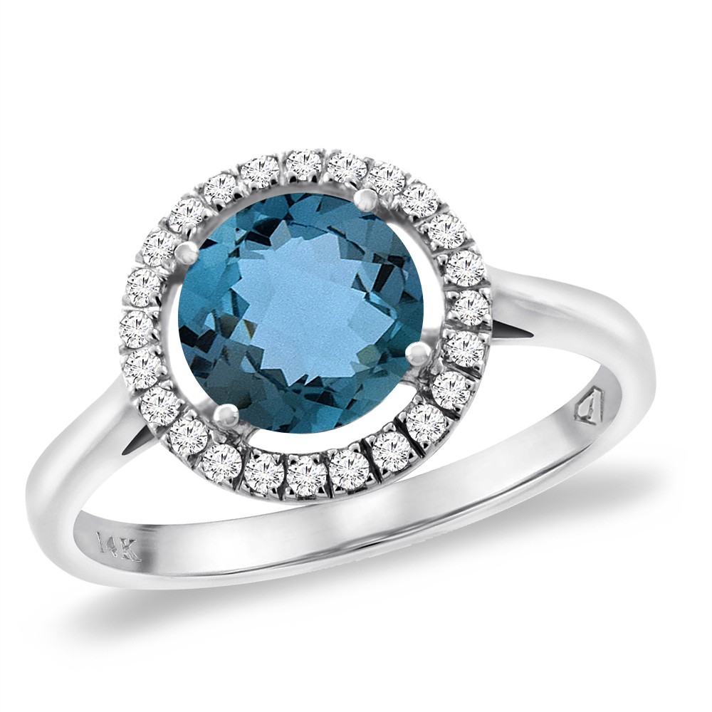 14K White Gold Natural London Blue Topaz Halo Engagement Ring Round 8 mm, sizes 5 -10