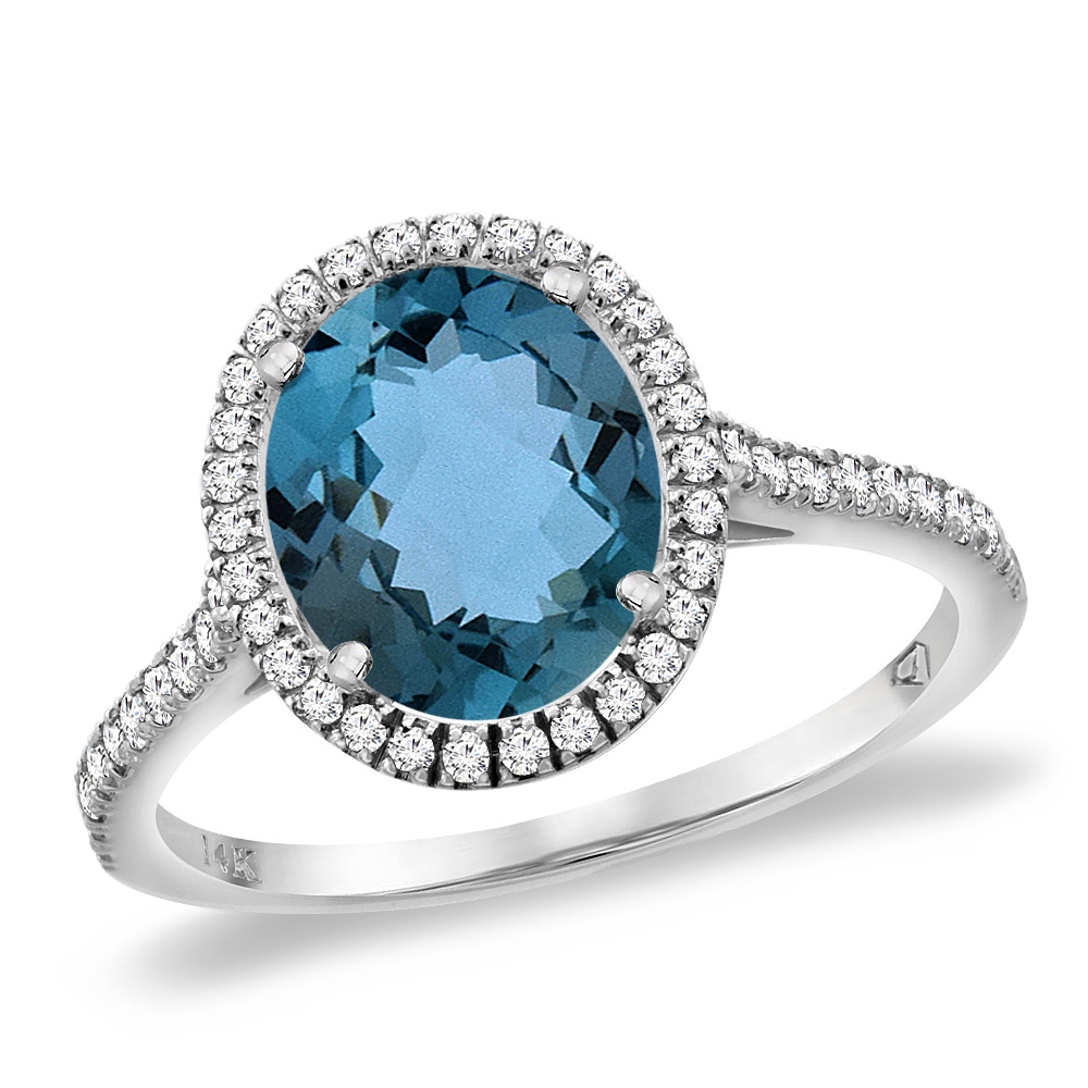 14K White Gold Natural London Blue Topaz Diamond Halo Engagement Ring 10x8 mm Oval, size 5 -10