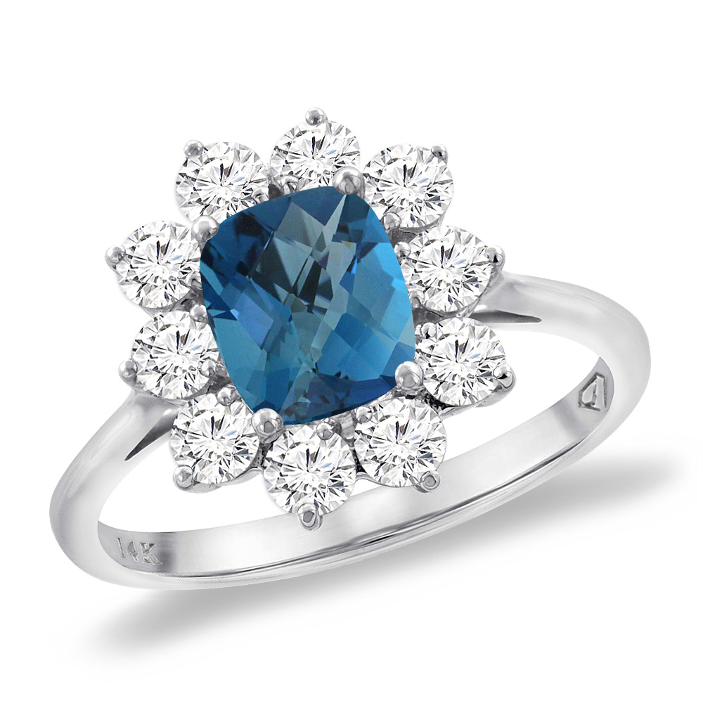 14K White Gold Diamond Natural London Blue Topaz Engagement Ring 8x6 mm Cushion, sizes 5 -10