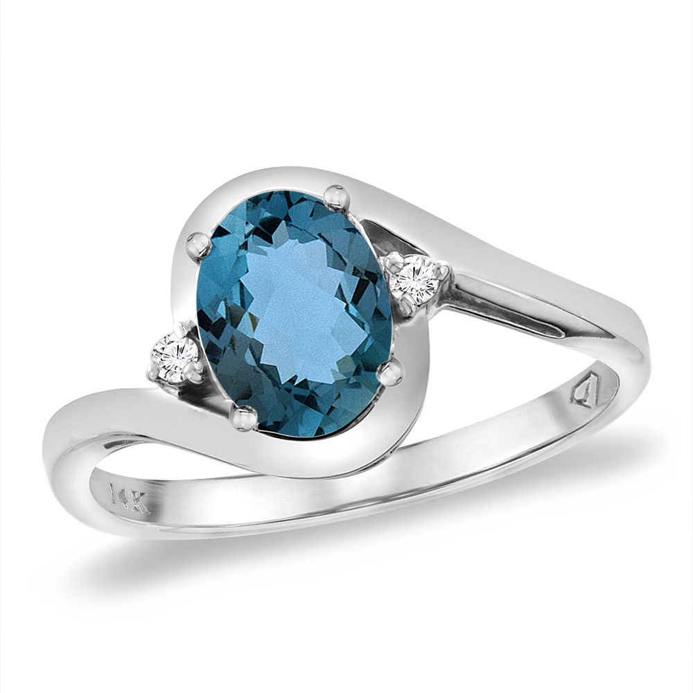 14K White Gold Diamond Natural London Blue Topaz Bypass Engagement Ring Oval 8x6 mm, sizes 5 -10