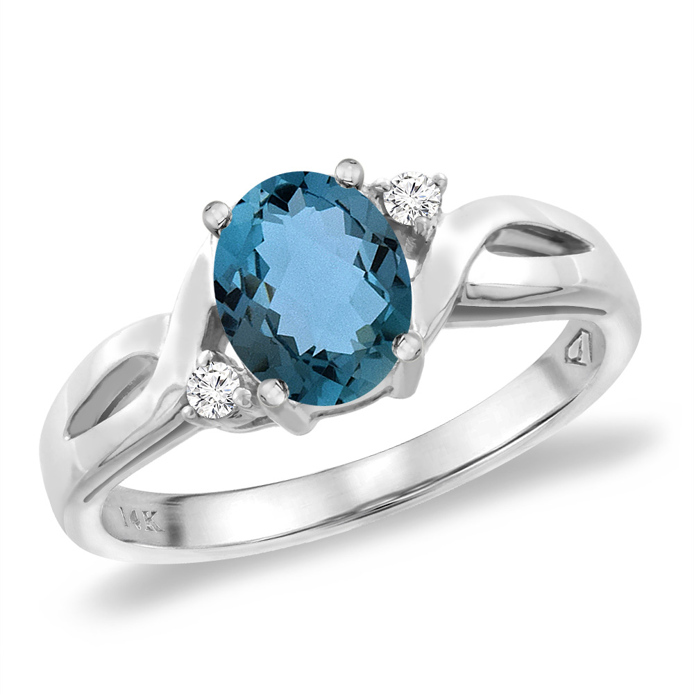 14K White Gold Diamond Natural London Blue Topaz Engagement Ring Oval 8x6 mm, sizes 5 -10