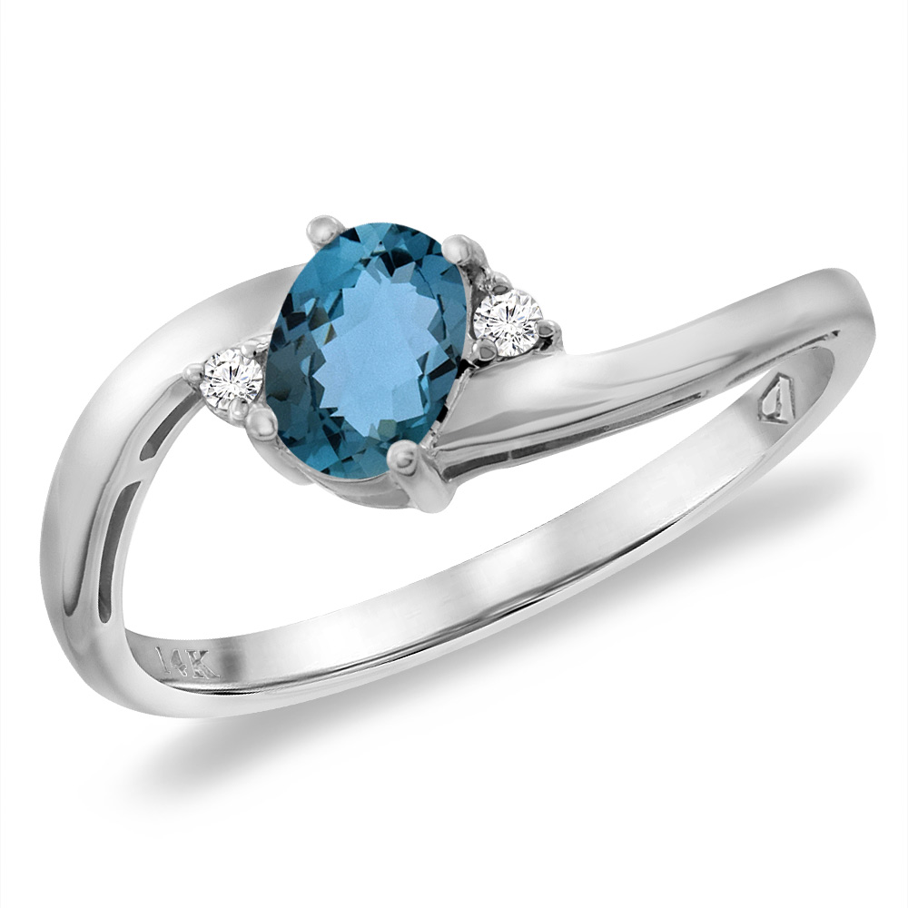 14K White Gold Diamond Natural London Blue Topaz Bypass Engagement Ring Oval 6x4 mm, sizes 5 -10