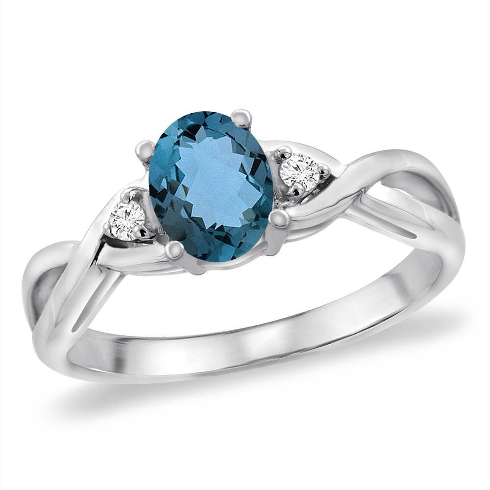 14K White Gold Diamond Natural London Blue Topaz Infinity Engagement Ring Oval 7x5 mm, sizes 5 -10