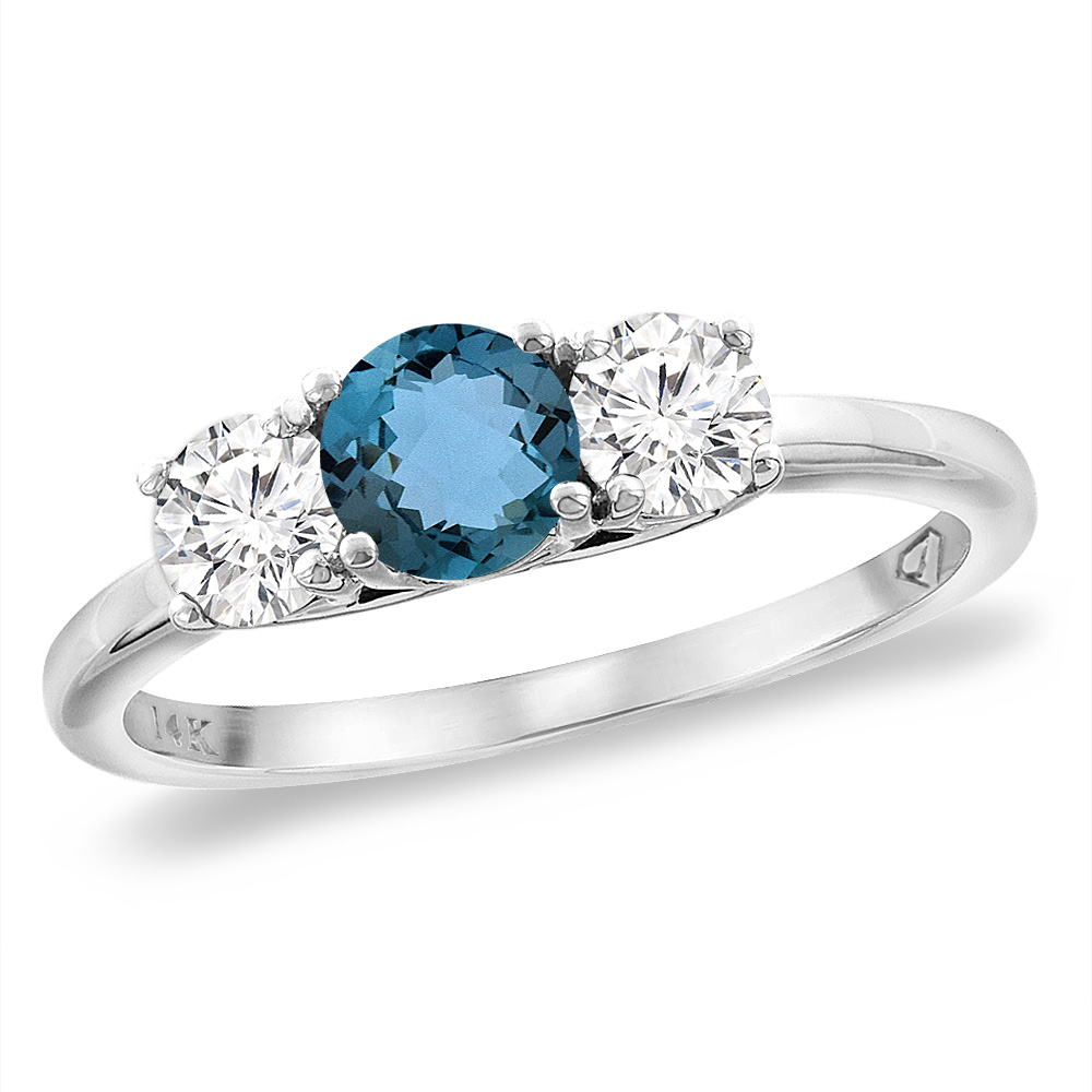 14K White Gold Diamond Natural London Blue Topaz Engagement Ring 5mm Round, sizes 5 -10