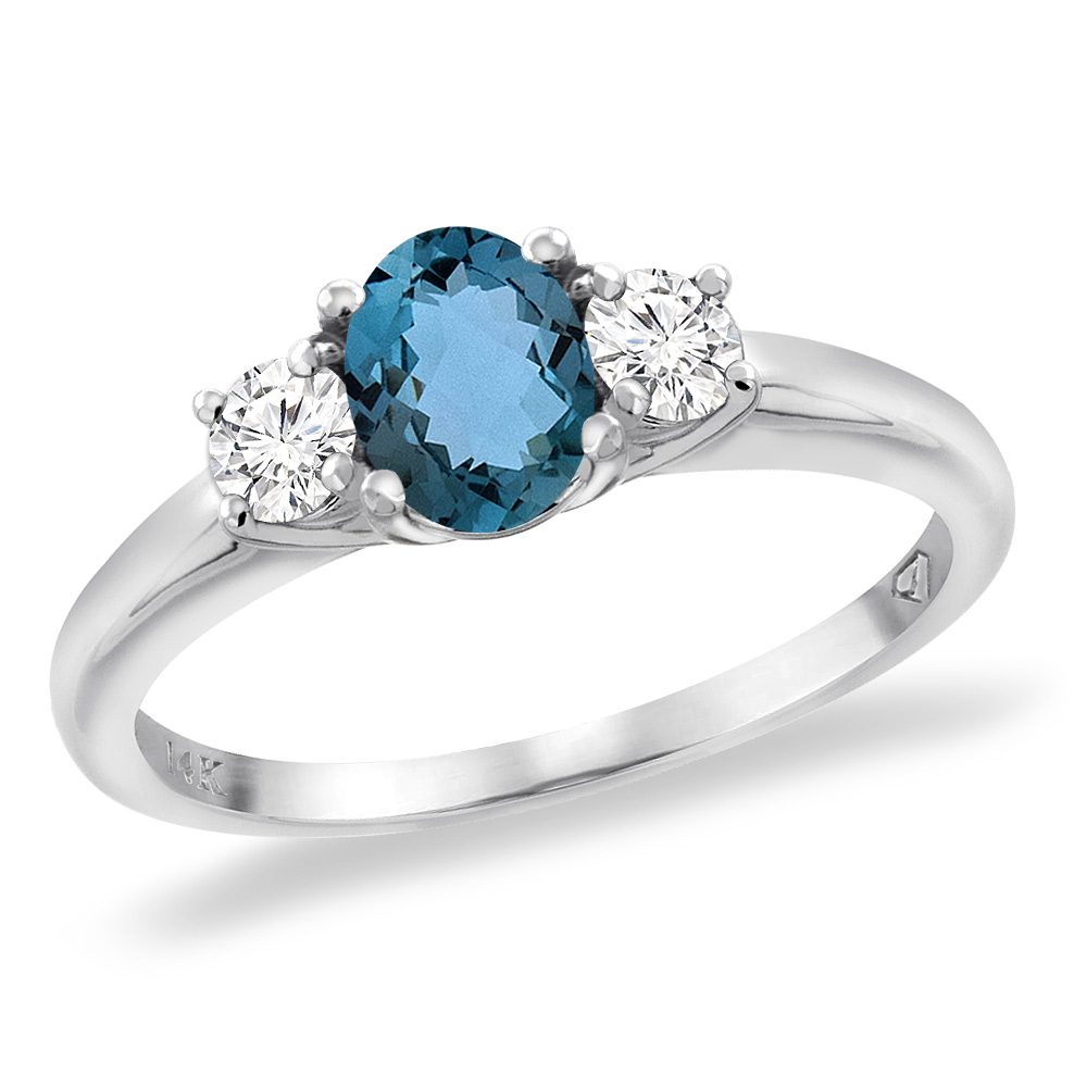 14K White Gold Natural London Blue Topaz Engagement Ring Diamond Accents Oval 7x5 mm, sizes 5 -10