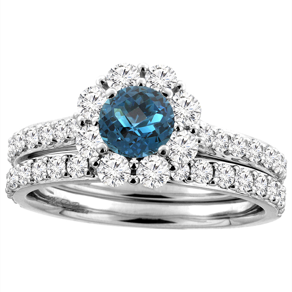 14K White Gold Diamond Natural London Blue Topaz Halo Engagement Ring Set Round 5 mm, sizes 5-10