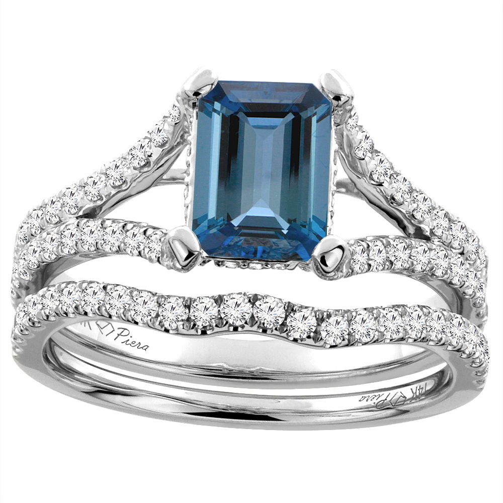 14K White Gold Natural London Blue Topaz Engagement Ring Set Emerald 8x6 mm, sizes 5-10