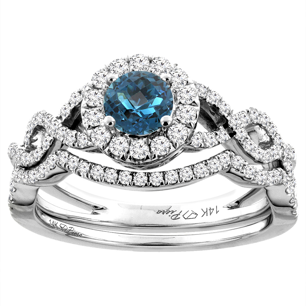 14K White Gold Diamond Natural London Blue Topaz Halo Engagement Bridal Ring Set Round 5 mm, sizes 5-10