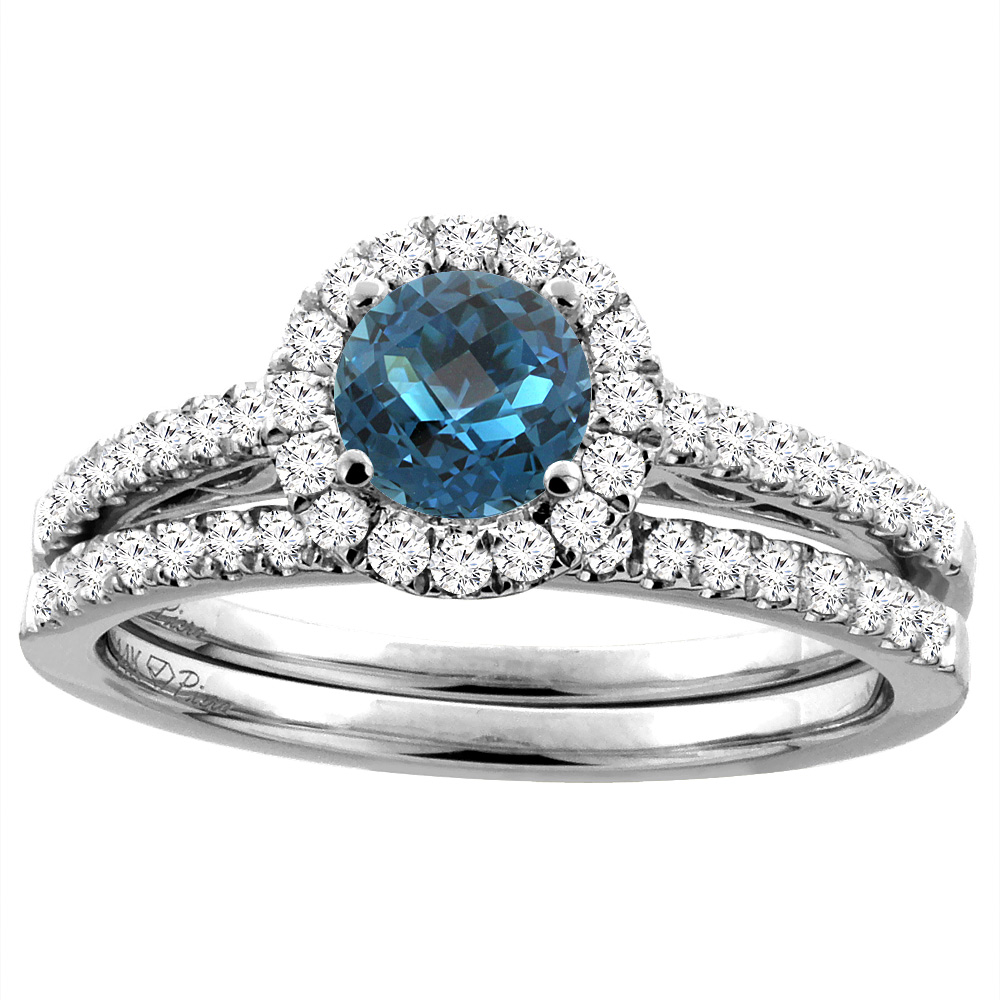 14K White Gold Diamond Natural London Blue Topaz Halo Engagement Bridal Ring Set Round 6 mm, sizes 5-10