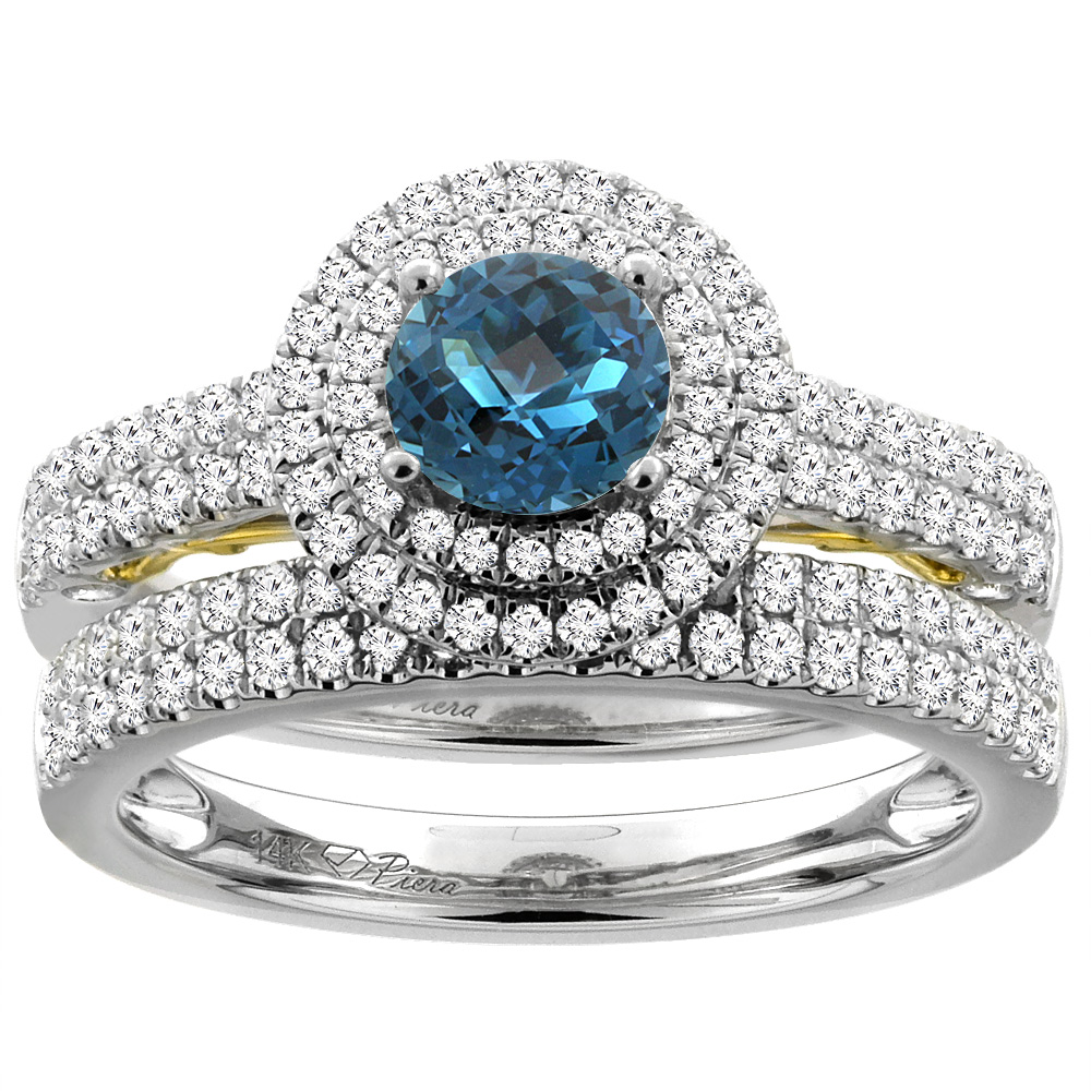 14K White Gold Diamond Natural London Blue Topaz Halo Engagement Ring Set Round 6 mm, sizes 5-10