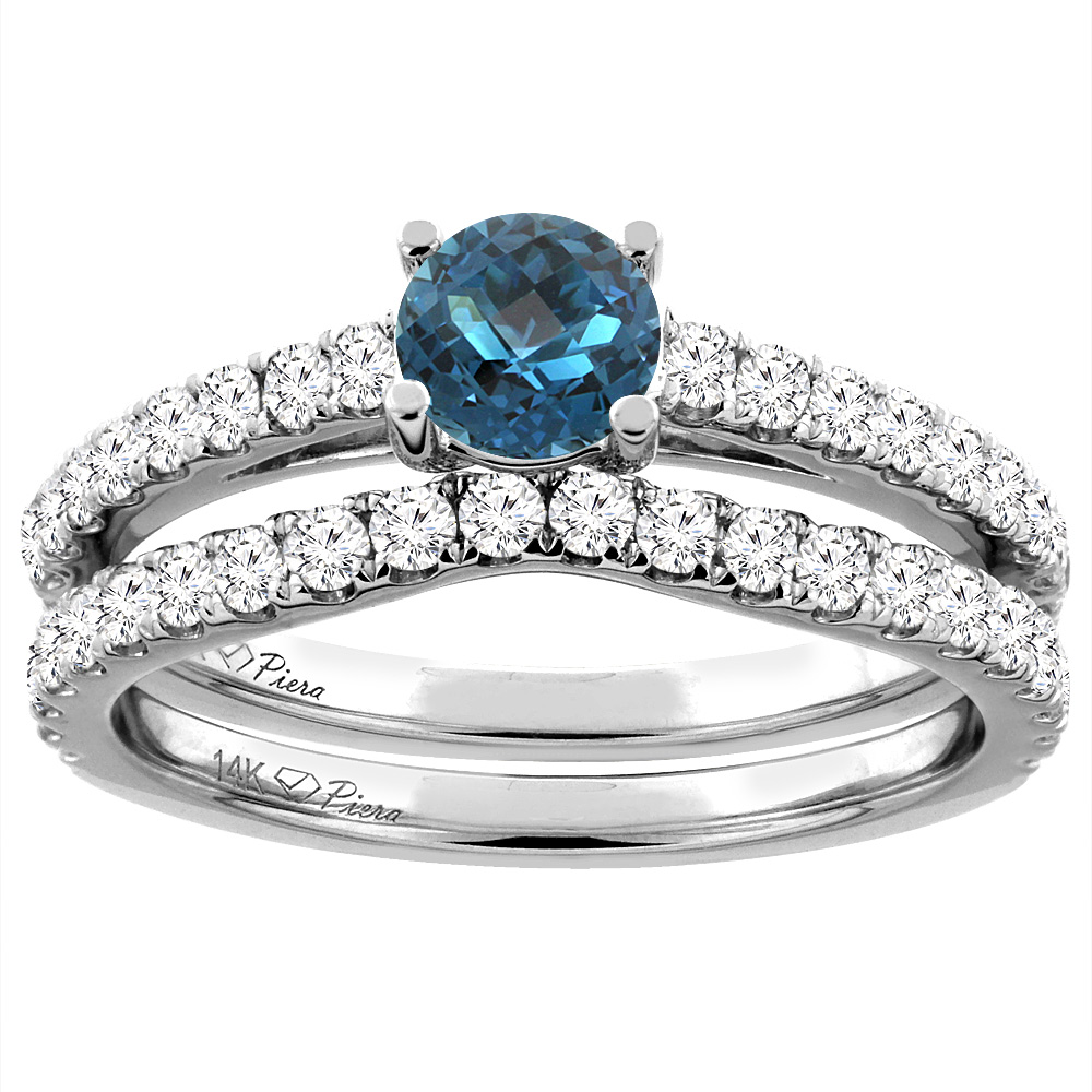 14K White Gold Diamond Natural London Blue Topaz Engagement Bridal Ring Set Round 6 mm, sizes 5-10