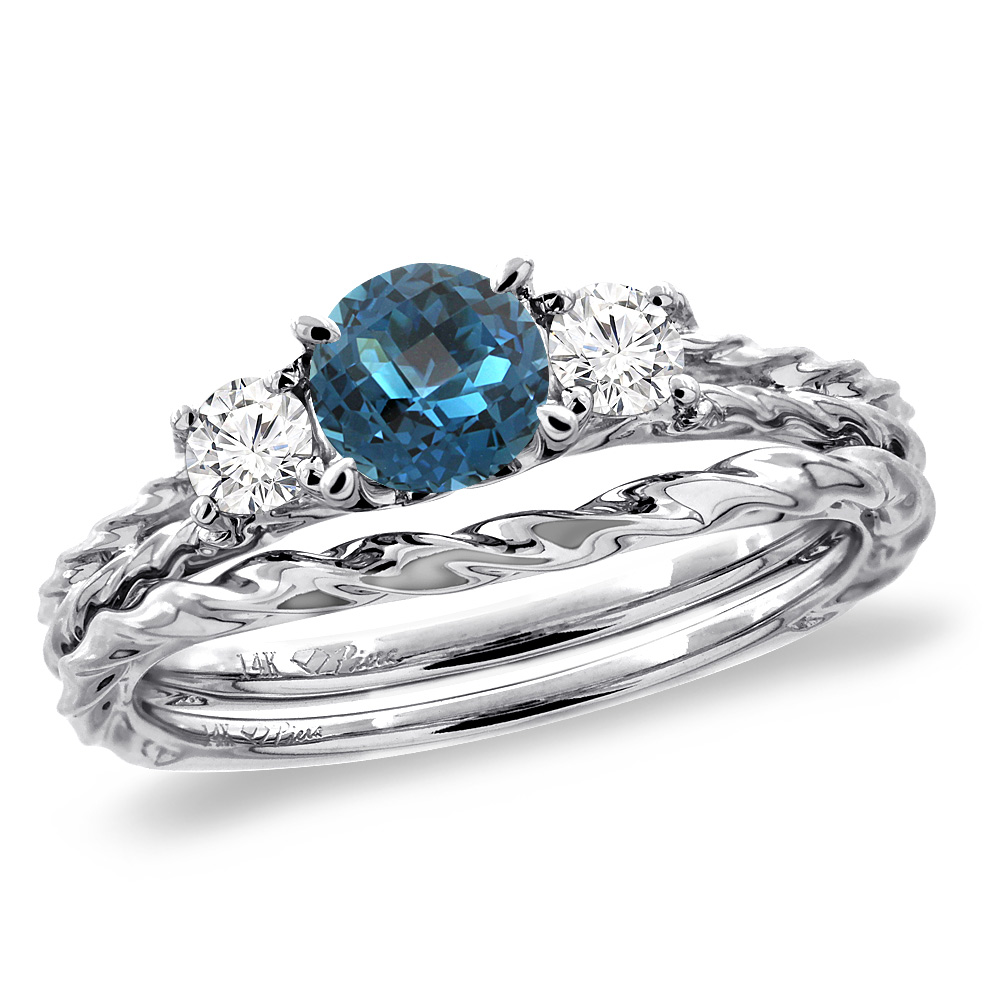 14K White Gold Diamond Natural London Blue Topaz 2pc Engagement Ring Set Round 6mm Twisted,size 5-10