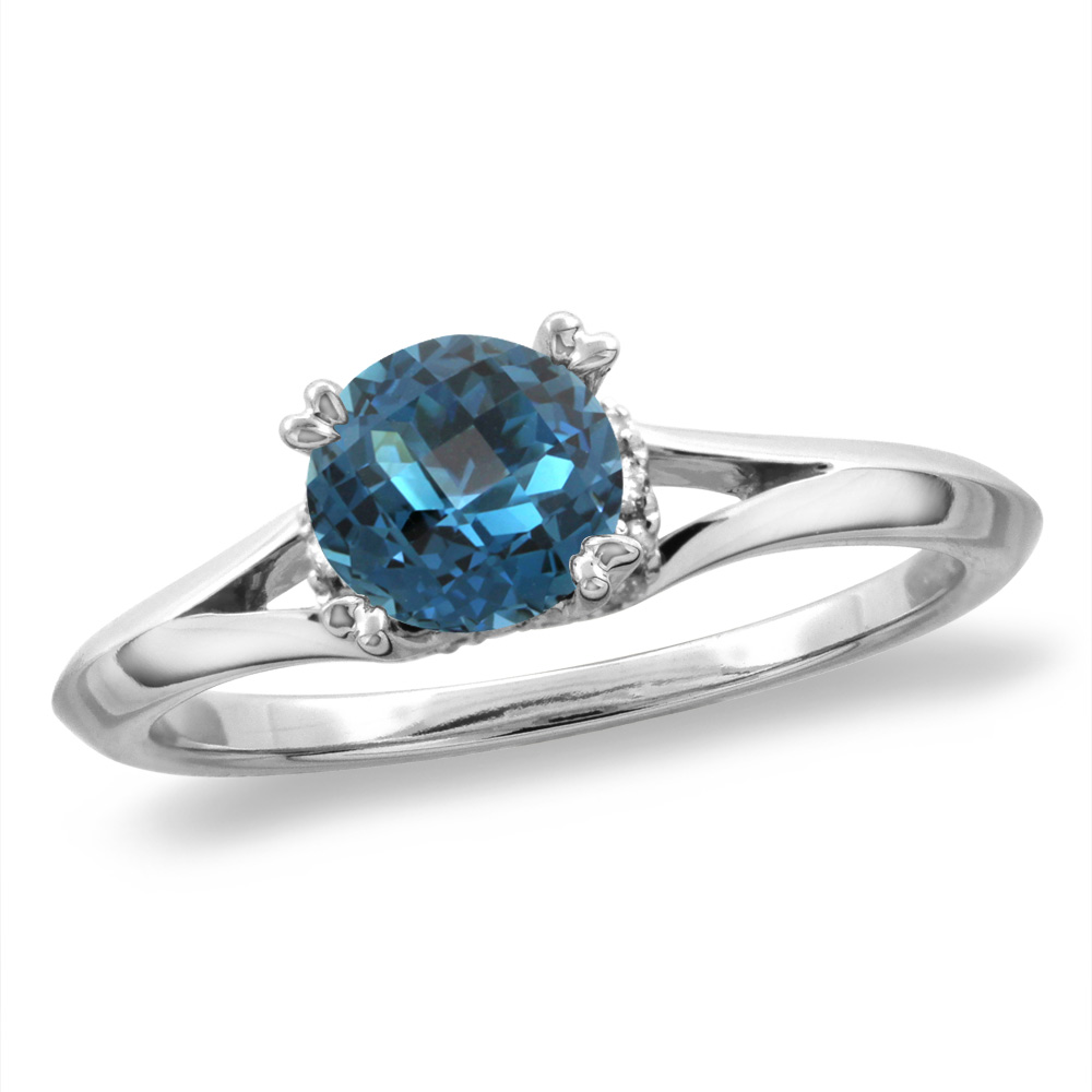 14K White/Yellow Gold Diamond Natural London Blue Topaz Solitaire Engagement Ring Round 6 mm, sizes 5-10