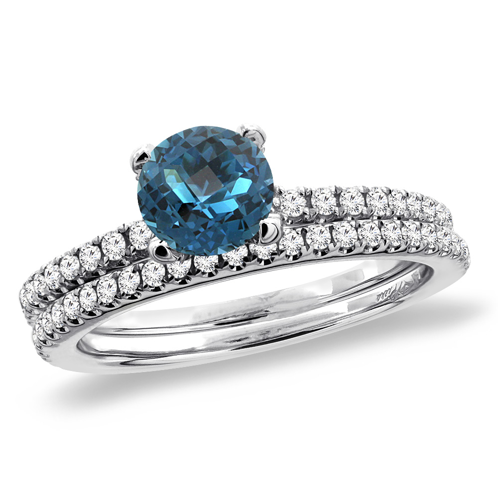 14K White Gold Diamond Natural London Blue Topaz 2pc Engagement Ring Set Round 5 mm, sizes 5-10