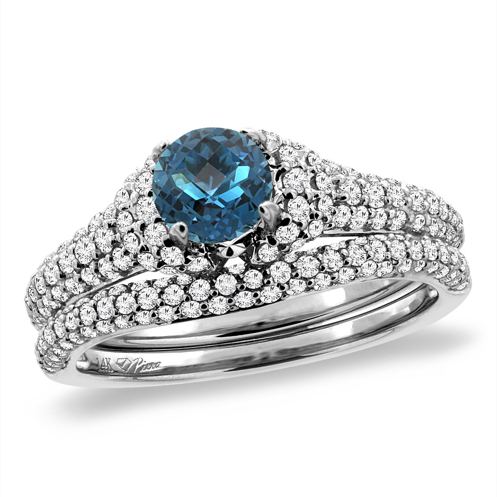 14K White Gold Diamond Natural London Blue Topaz 2pc Engagement Ring Set Round 5 mm, sizes 5-10