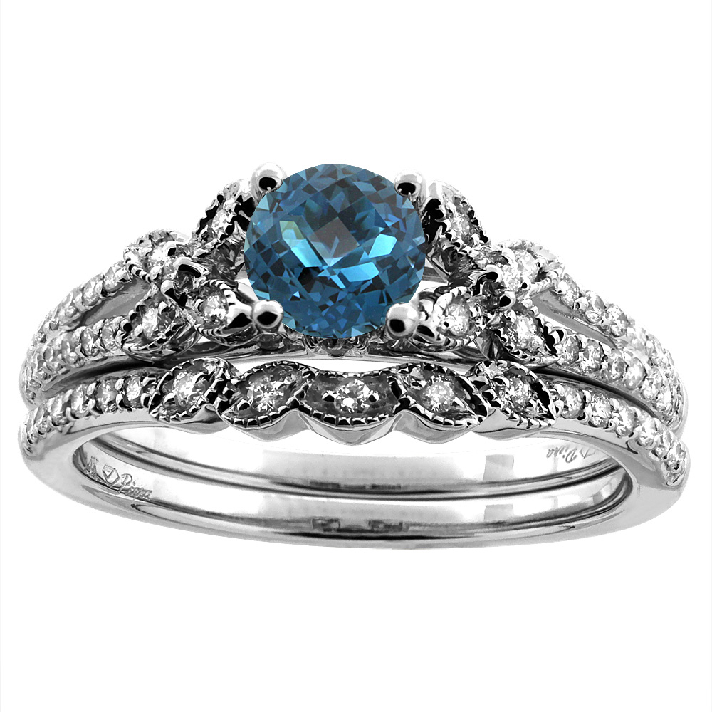 14K White/Yellow Gold Floral Diamond Natural London Blue Topaz 2pc Engagement Ring Set Round 5 mm,size5-10