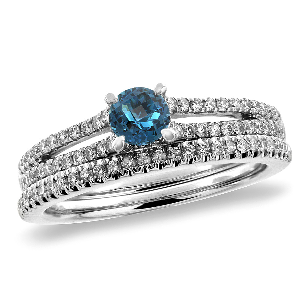 14K White Gold Diamond Natural London Blue Topaz 2pc Engagement Ring Set Round 5 mm,size5-10