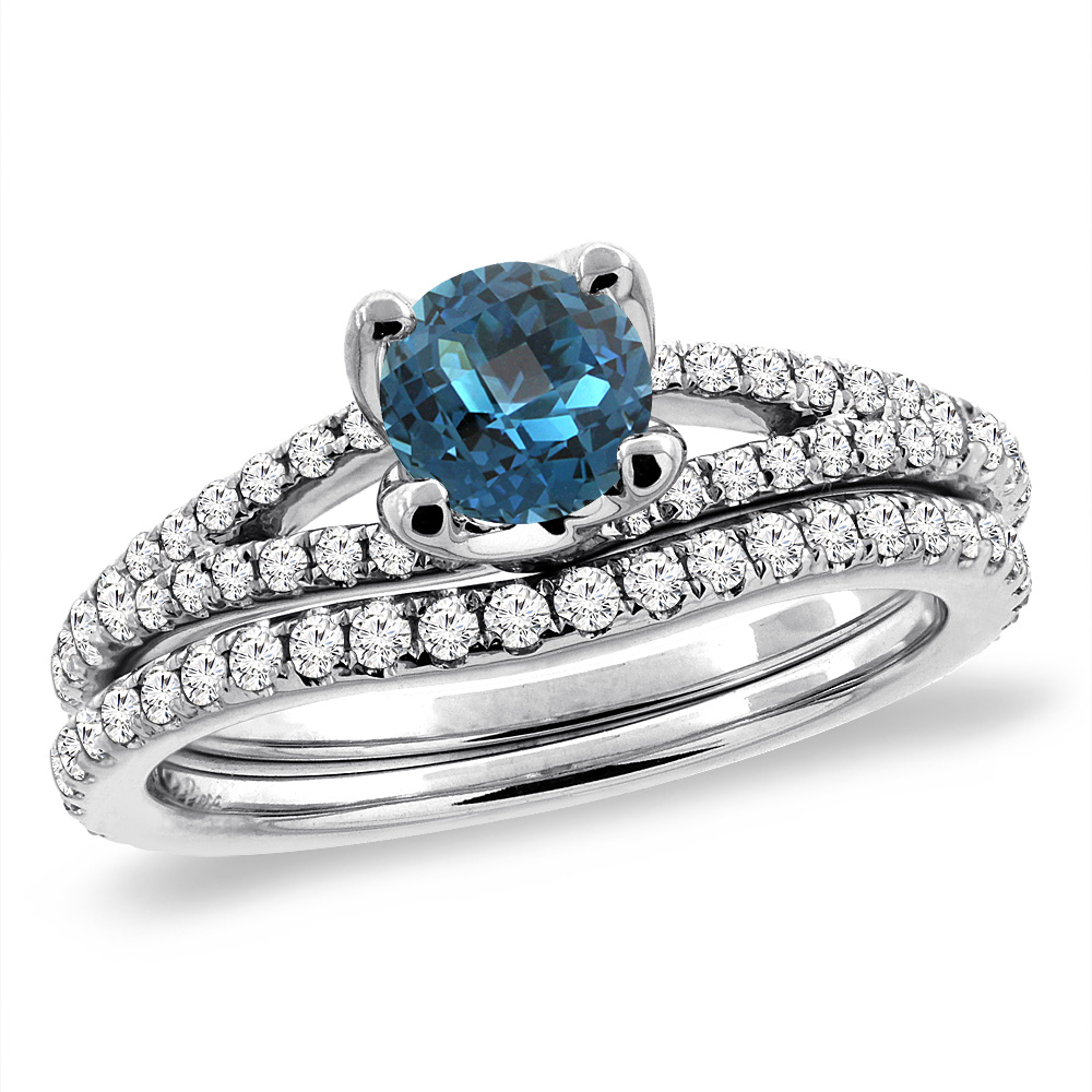 14K White Gold Diamond Natural London Blue Topaz 2pc Engagement Ring Set Round 5 mm,size5-10