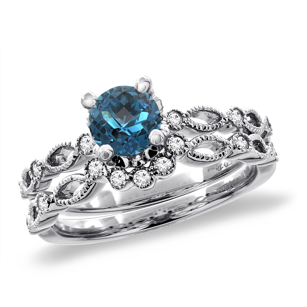 14K Yellow Gold Diamond Natural London Blue Topaz 2pc Engagement Ring Set Round 5 mm, sizes 5 - 10