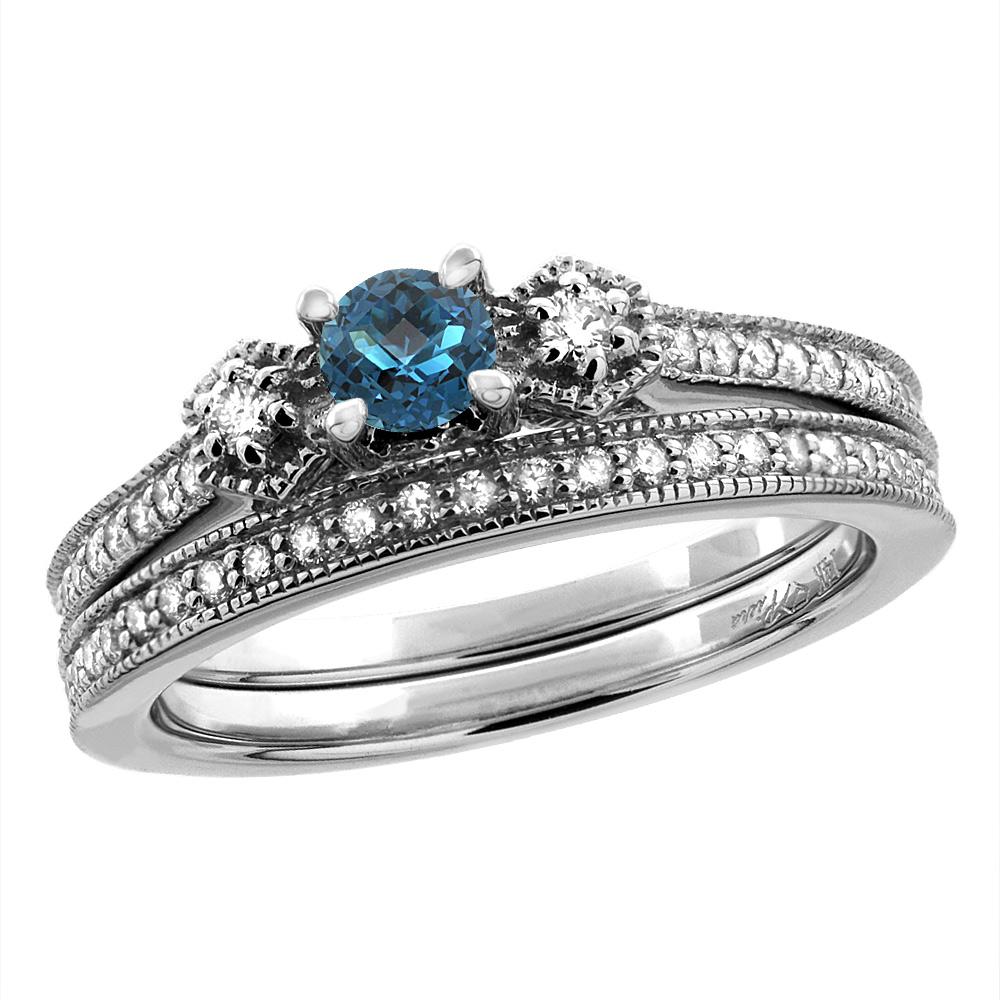 14K White/Yellow Gold Diamond Natural London BlueTopaz 2pc Engagement Ring Set Round 4 mm, sizes 5 - 10